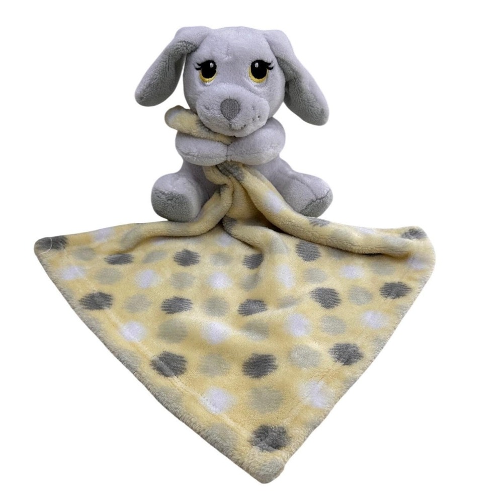 Little Beginnings Puppy Dog Lovey Security Blanket Gray Yellow Polka Dot Plush